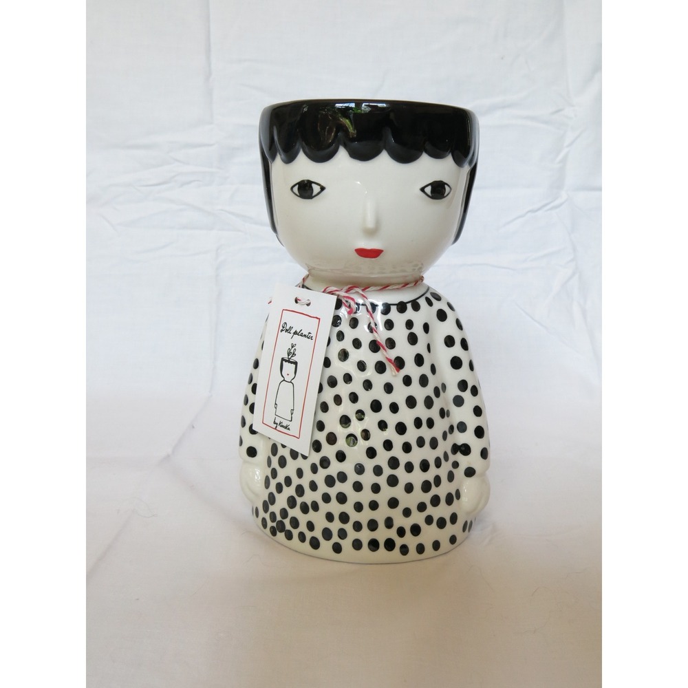 Kinska for Anthropologie Doll Planter Ceramic Polka Dot Black White Face Pot